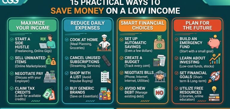 An illustration of five steps for building an emergency fund, featuring various money and banking icons and diagrams. The steps include: Set a Goal, Start Small, Create a Separate Account, Automate Savings, and Track Progress. The illustration has a modern, clean look with a dark background and orange, teal, and blue accents.