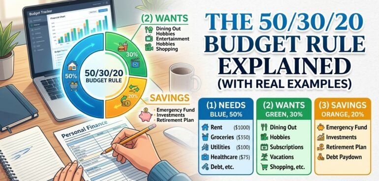 50/30/20 budget rule with needs wants and savings breakdown