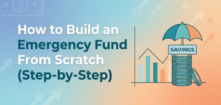 Step by step guide to build an emergency fund featuring a savings growth chart, target goal, account setup, automated savings, and money tree illustration.